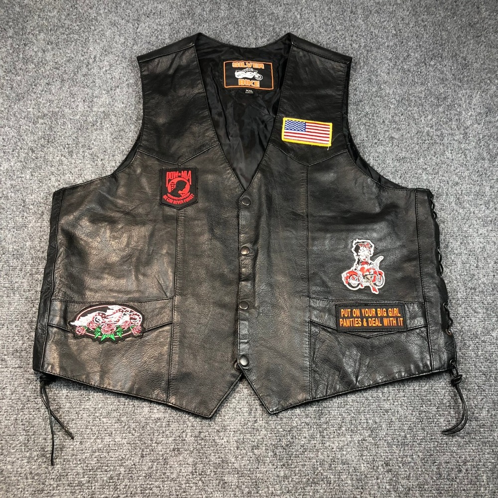 XXL Black Leather Biker Vest Silver Bike Patches Betty Boop POW MIA USA Flag